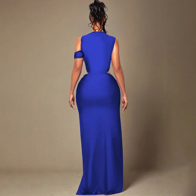 Women Solid Twist Hollow Out Patchwork High Split Bodycon Maxi Dress O Neck Sleeveless Off Shoulder Party Long Robe Evening Gown