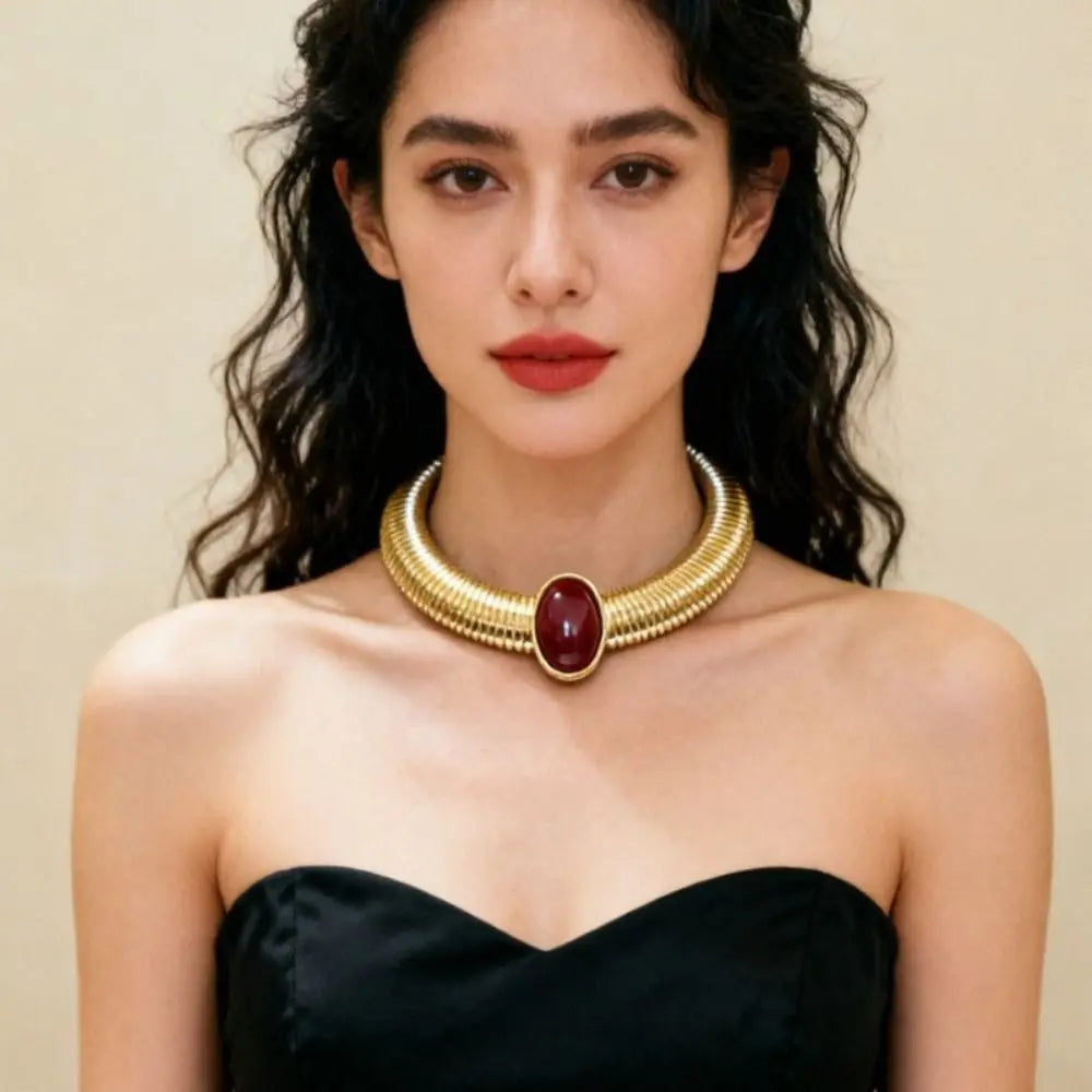 Fashion Metal Chain Chunky Choker Necklace Gold Vintage Chunky Chain Necklace Red Stone Charm Snake Bone Chain Necklace Girls