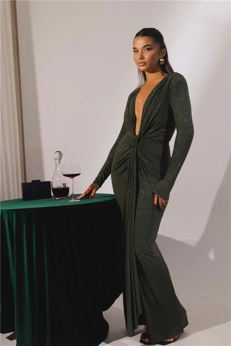 Deep V Neck Sexy Maxi Dress For Women Elegant Sparkle Long Sleeve Ruched Bodycon Split Club Party Sexy Dress