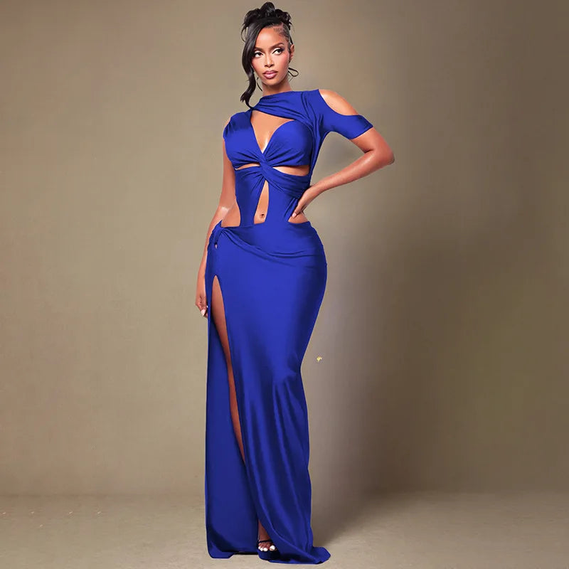 Women Solid Twist Hollow Out Patchwork High Split Bodycon Maxi Dress O Neck Sleeveless Off Shoulder Party Long Robe Evening Gown