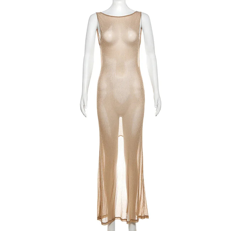 Sexy Deep Open Back Backless Bodycon Hot Gold Color Long Dress Women Side Split Beach Maxi Dress Elegant Club Party Vestidos