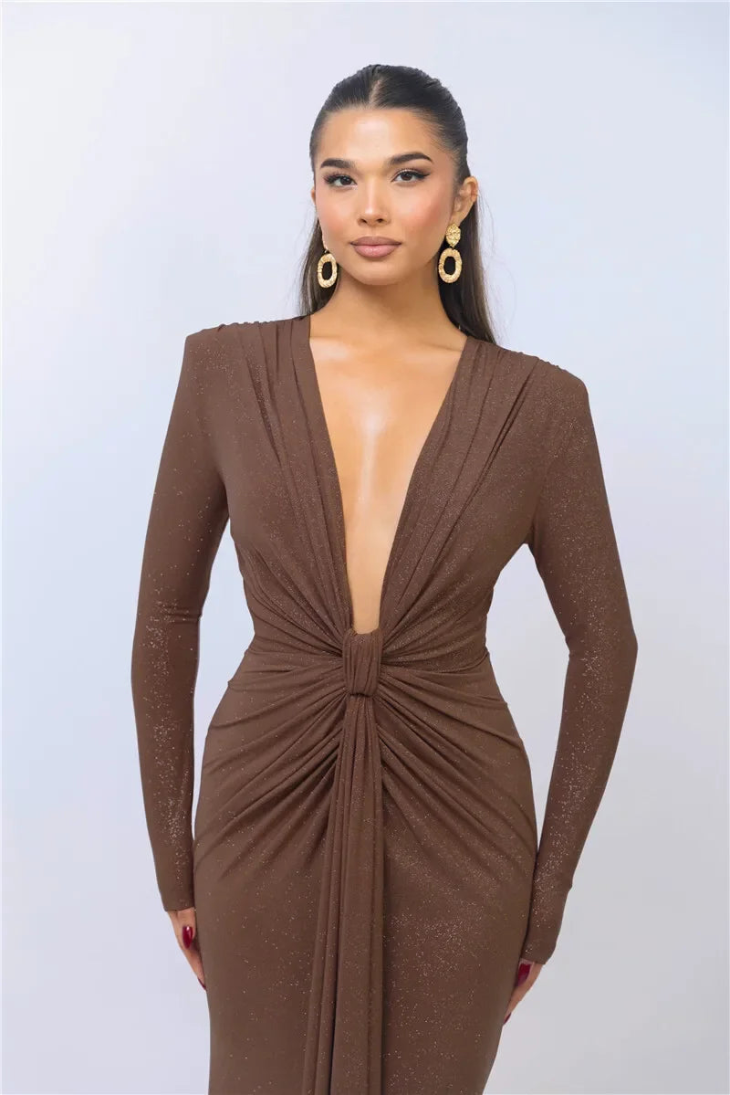 Deep V Neck Sexy Maxi Dress For Women Elegant Sparkle Long Sleeve Ruched Bodycon Split Club Party Sexy Dress