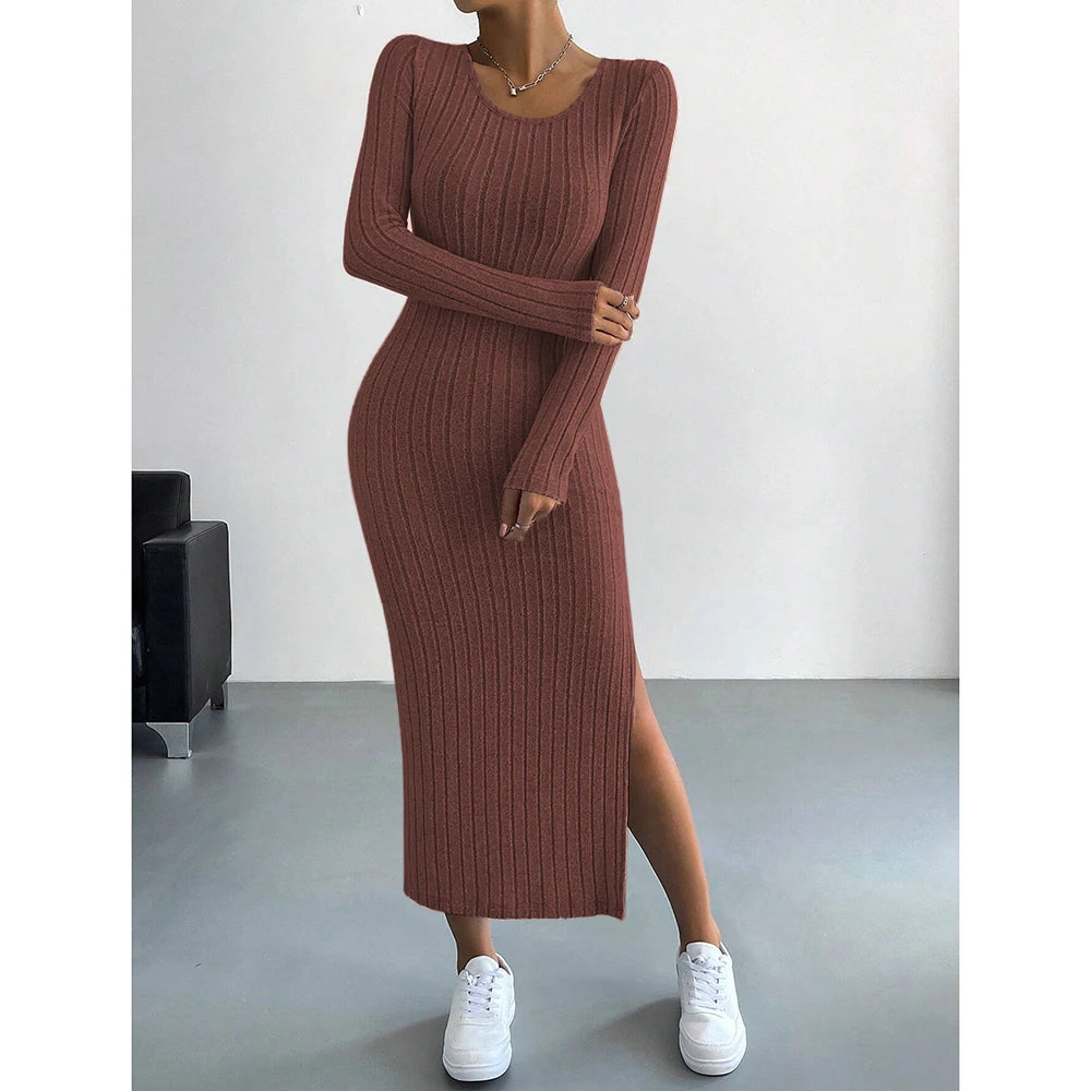 Women's Dresses Autumn French Plain Stripe Split Long Sleeve Scoop Neck Bodycon Full Length Maxi Casual Dresses