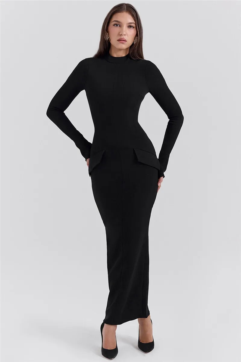 Mozision Black Long Sleeve Sexy Maxi Dress For Women Autumn Winter New O Neck Two Pocket Back Split Bodycon Long Dress Elegant