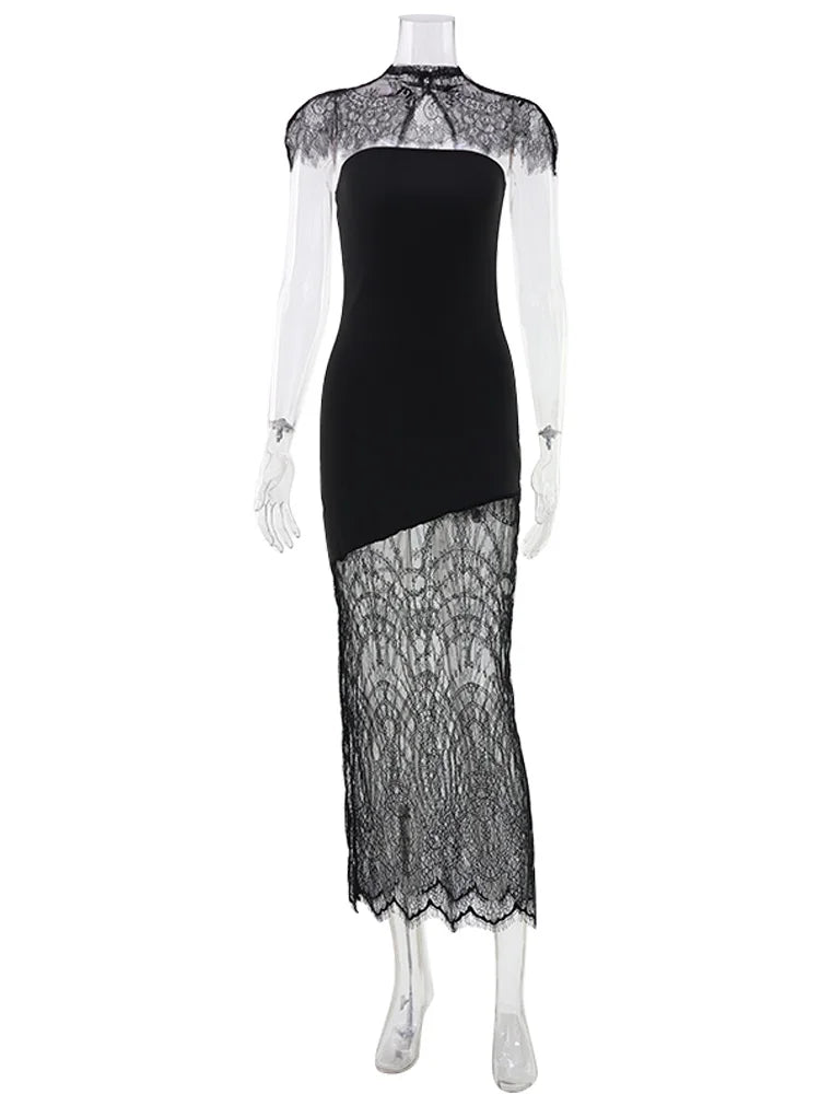 Ahagaga Fashion Women's Maxi Dresses Lace Patchwork Sexy Sheer Split Bodycon Slim Fit Turtleneck Sheath Female Party Vestidos