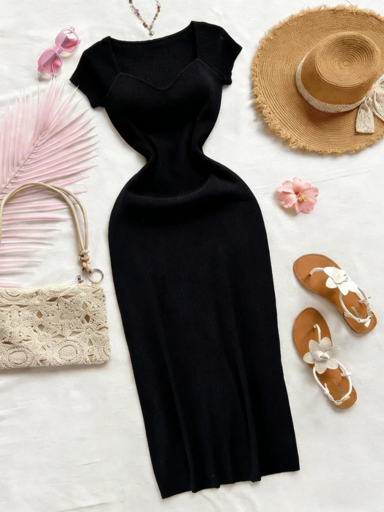 Purple Sexy Summer Knit Maxi Dress Women Short Sleeve  Elastic Bodycon Sundress Female Beach Solid Split Long Dress Outfits
