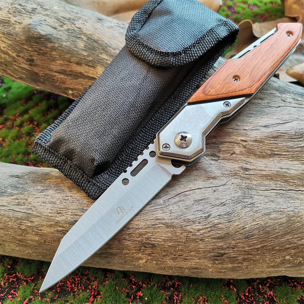 Anti-slip Wooden Handle Folding Knife for Tactical Outdoor Survival and Multi-functional Cutting Tasks