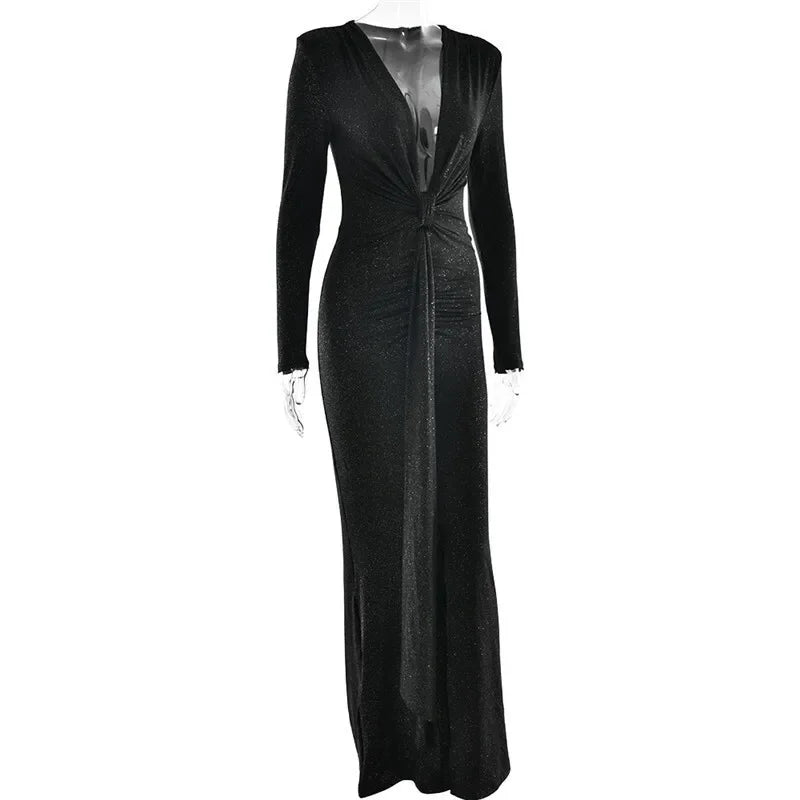 Deep V Neck Sexy Maxi Dress For Women Elegant Sparkle Long Sleeve Ruched Bodycon Split Club Party Sexy Dress