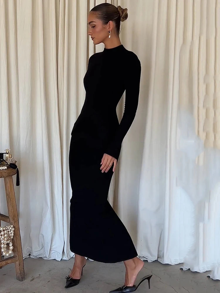 Mozision Black Long Sleeve Sexy Maxi Dress For Women Autumn Winter New O Neck Two Pocket Back Split Bodycon Long Dress Elegant