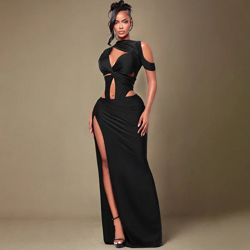 Women Solid Twist Hollow Out Patchwork High Split Bodycon Maxi Dress O Neck Sleeveless Off Shoulder Party Long Robe Evening Gown