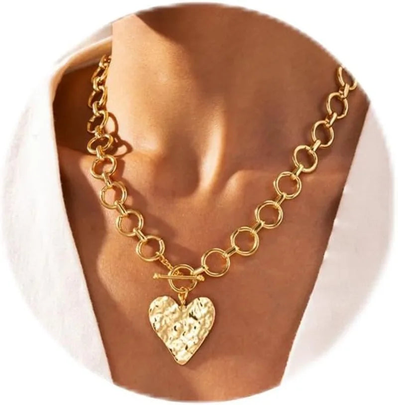 Chunky Heart Necklace for Women Gold Plated Chunky Heart Pendant Bold Chain Necklace with Toggle Clasp Statement Jewelry