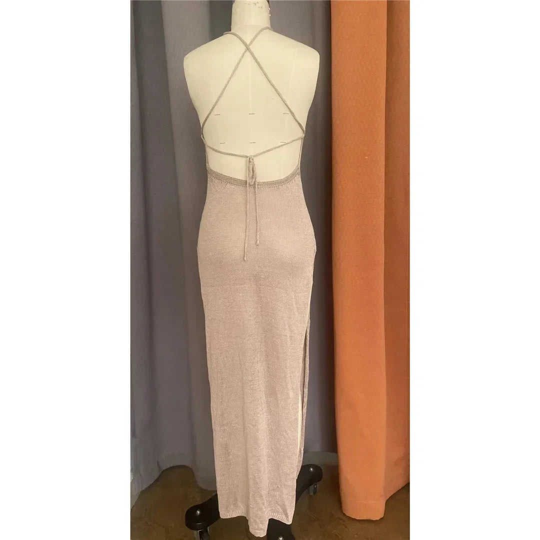 Women Cover Ups Sexy Hollow Out Dresses Spliced Sleeveless Split Maxi Dress Sling Backless Knit Y2k See Through Bodycon