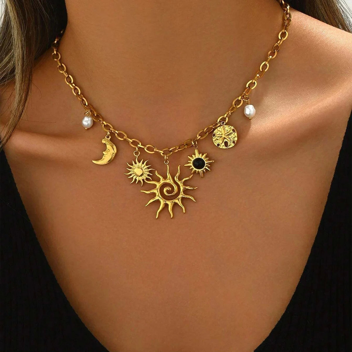 "Glamorous Gold Color Chunky Chain Necklace With Playful Heart Sun Moon Imitation Pearl Charms Women's Garden Parties Jewelry