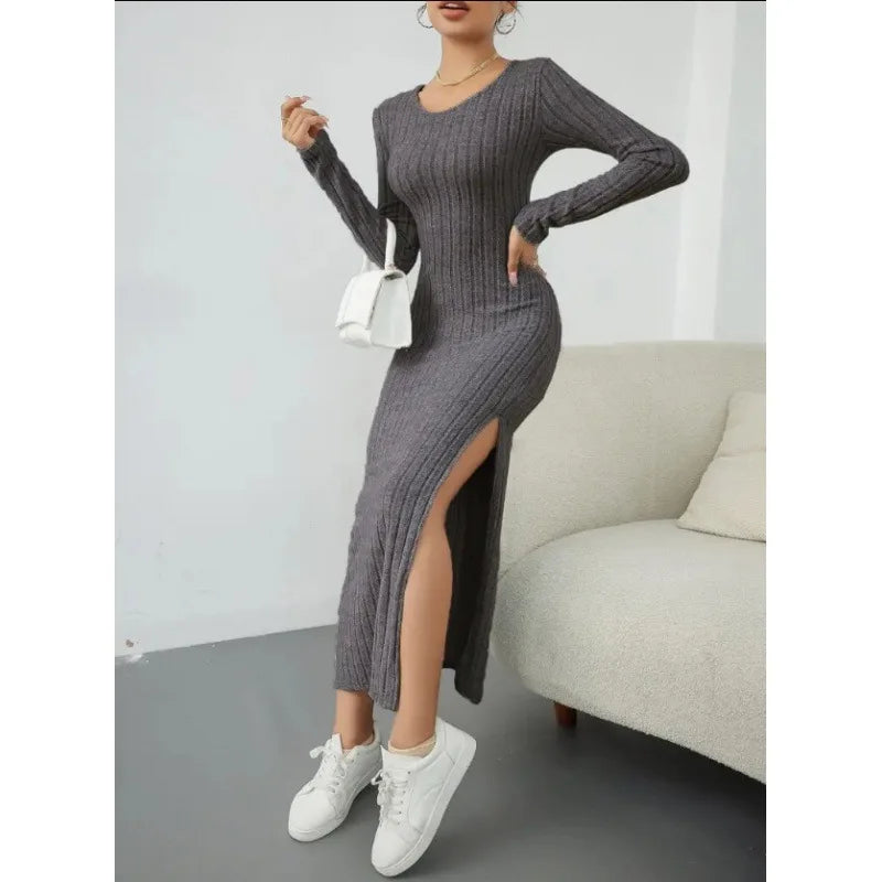 Women's Dresses Autumn French Plain Stripe Split Long Sleeve Scoop Neck Bodycon Full Length Maxi Casual Dresses