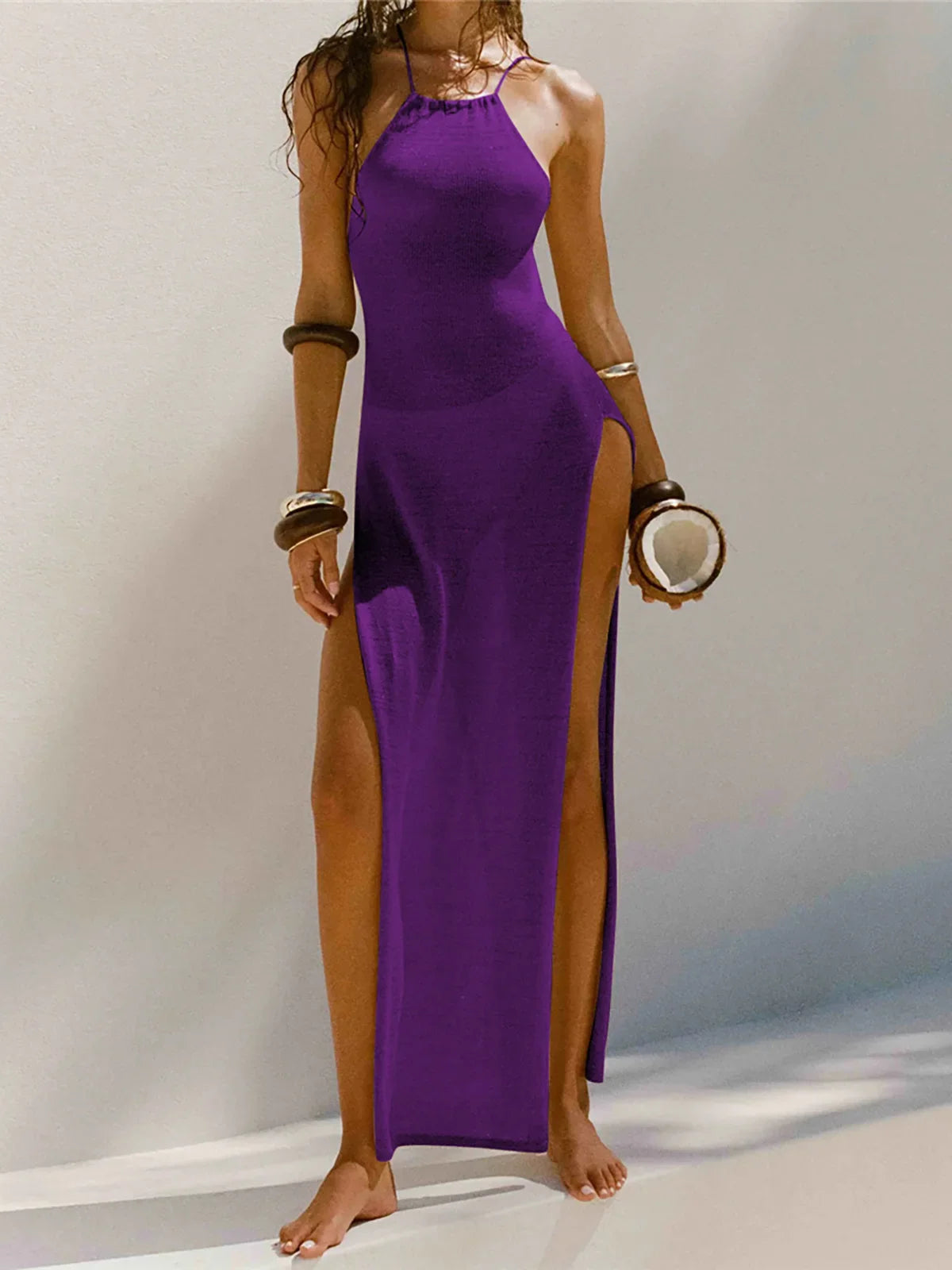 Women Cover Ups Sexy Hollow Out Dresses Spliced Sleeveless Split Maxi Dress Sling Backless Knit Y2k See Through Bodycon