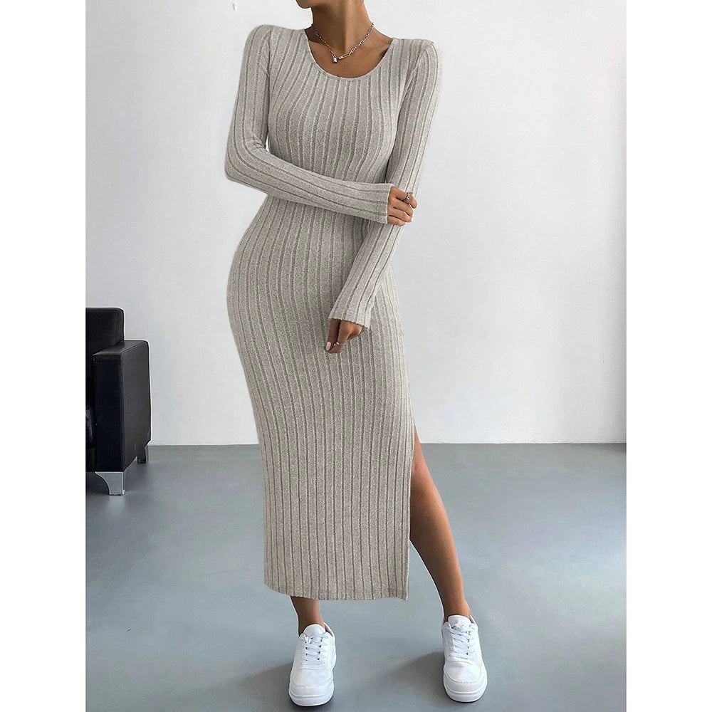 Women's Dresses Autumn French Plain Stripe Split Long Sleeve Scoop Neck Bodycon Full Length Maxi Casual Dresses