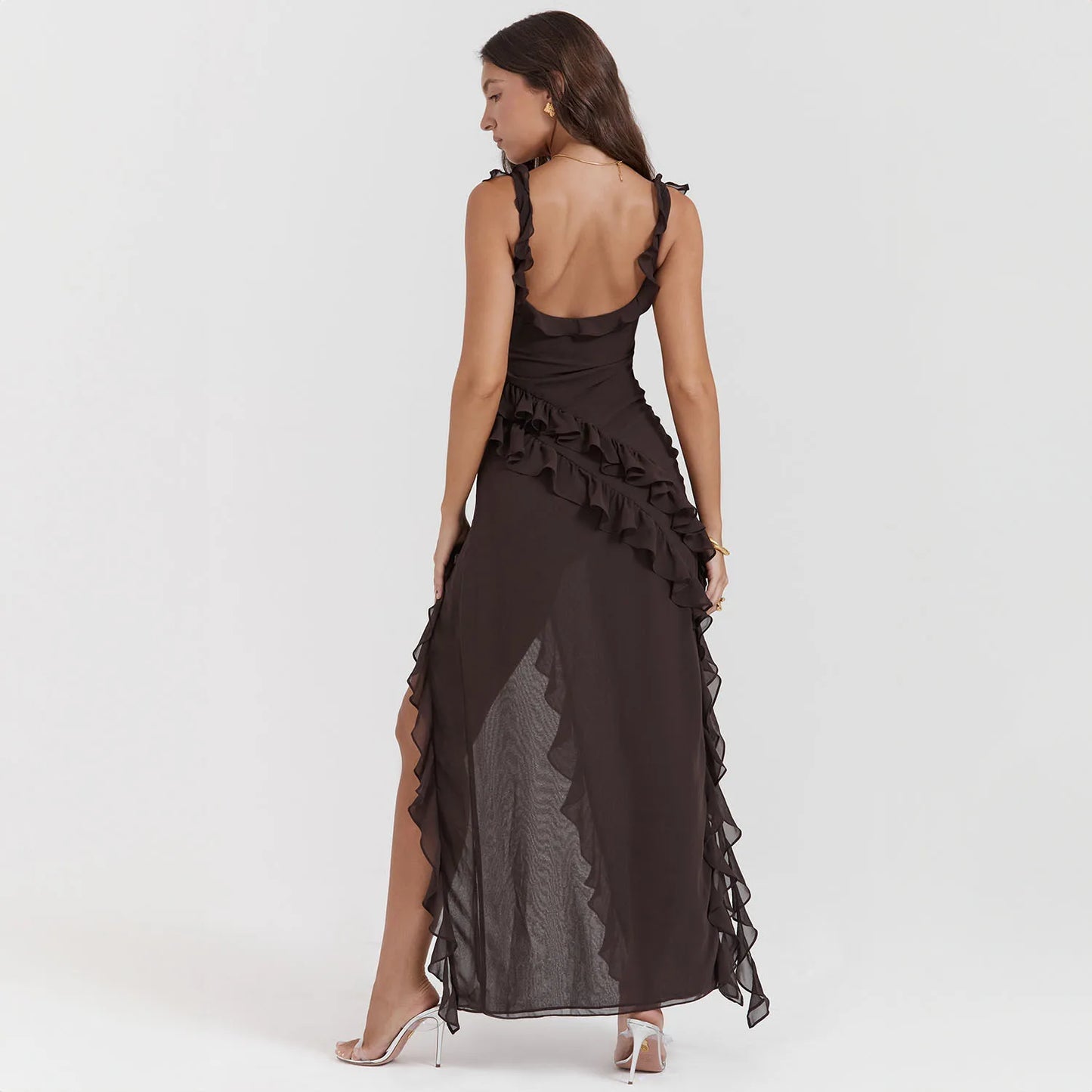 Elegant Ruffle Sleeveless Dress Women's Irregular Tassel 2024 Summer Trend Skinny Split Maxi Bodycon Birthday Party Sexy Dresses