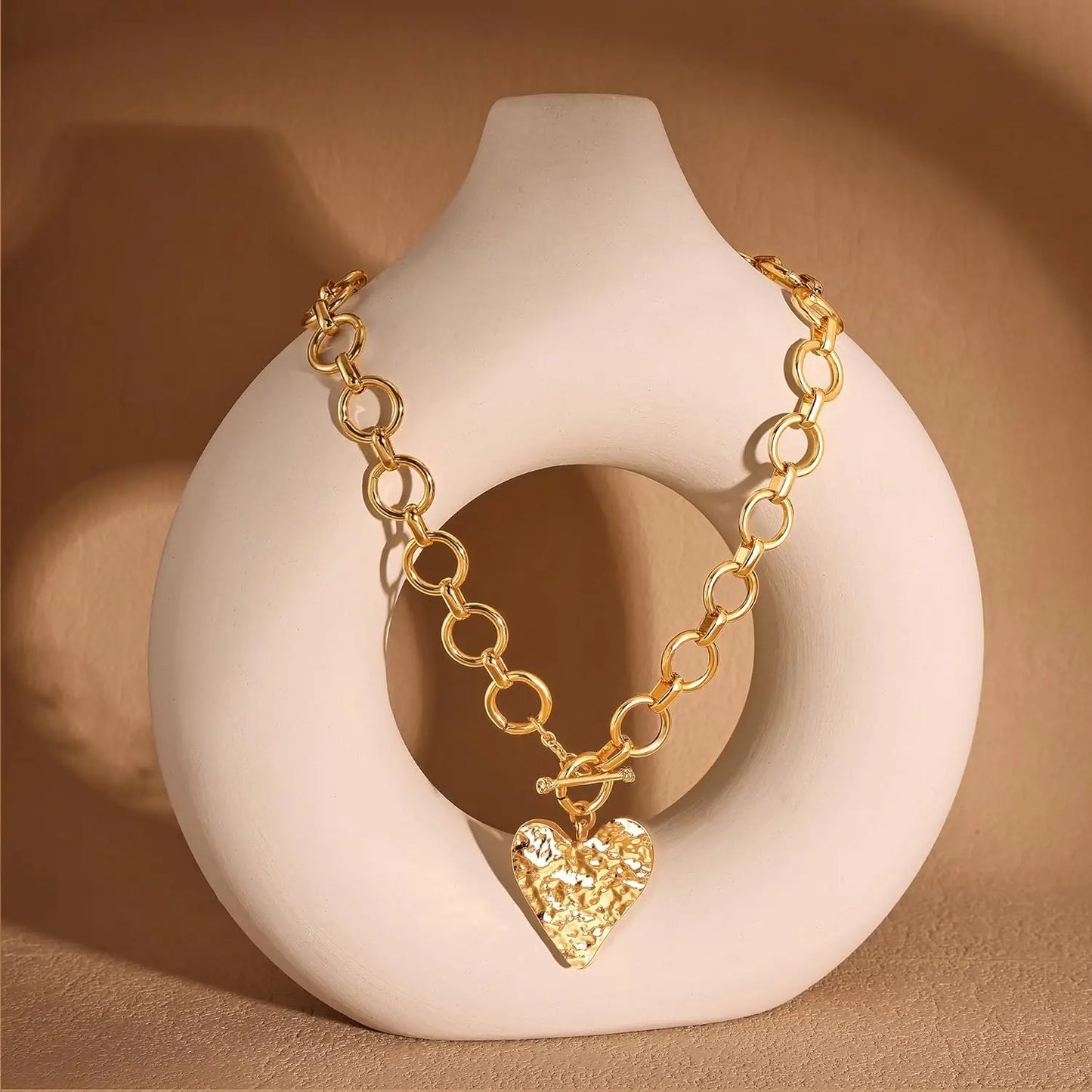 Chunky Heart Necklace for Women Gold Plated Chunky Heart Pendant Bold Chain Necklace with Toggle Clasp Statement Jewelry