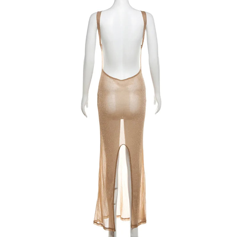 Sexy Deep Open Back Backless Bodycon Hot Gold Color Long Dress Women Side Split Beach Maxi Dress Elegant Club Party Vestidos