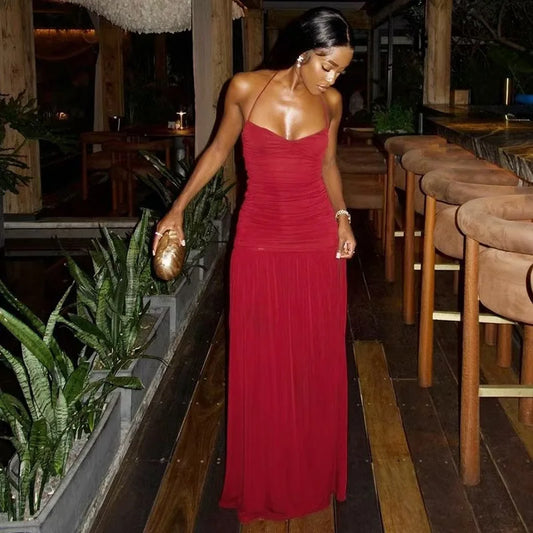 Elegant Solid Spaghetti Strap Maxi Dress For Lady High Split