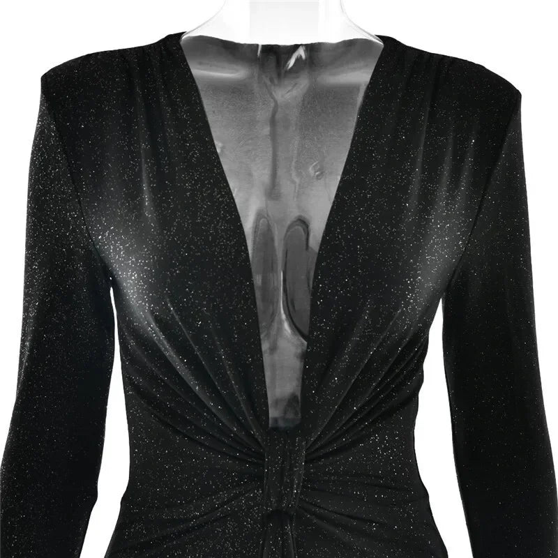 Deep V Neck Sexy Maxi Dress For Women Elegant Sparkle Long Sleeve Ruched Bodycon Split Club Party Sexy Dress