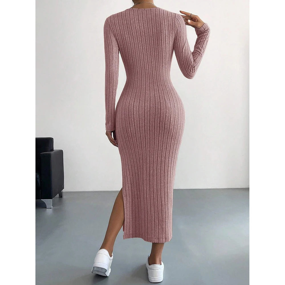 Women's Dresses Autumn French Plain Stripe Split Long Sleeve Scoop Neck Bodycon Full Length Maxi Casual Dresses