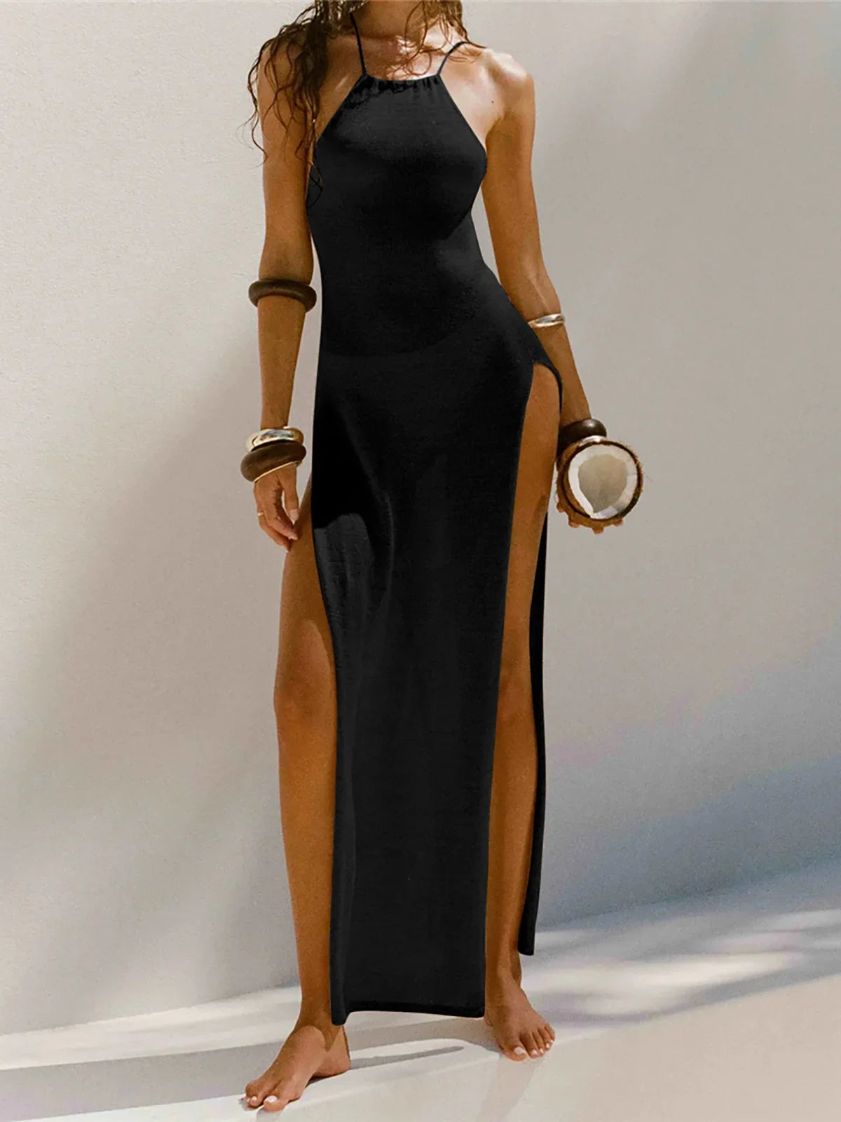 Women Cover Ups Sexy Hollow Out Dresses Spliced Sleeveless Split Maxi Dress Sling Backless Knit Y2k See Through Bodycon