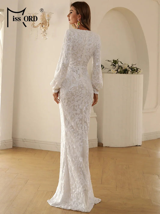 Missord White Long Evening Dresses Women Sexy Deep V Neck Lantern