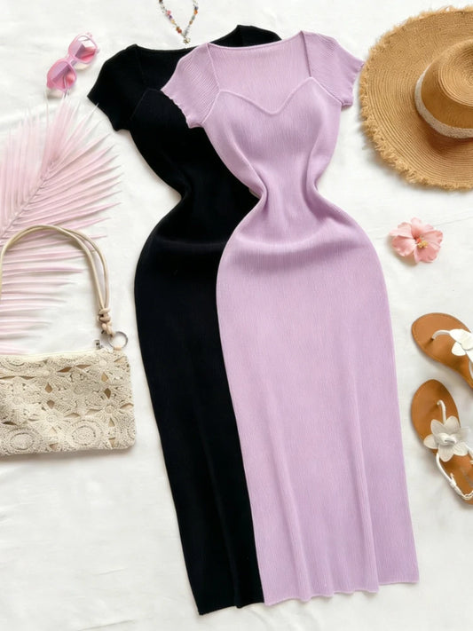 Purple Sexy Summer Knit Maxi Dress Women Short Sleeve  Elastic Bodycon Sundress Female Beach Solid Split Long Dress Outfits