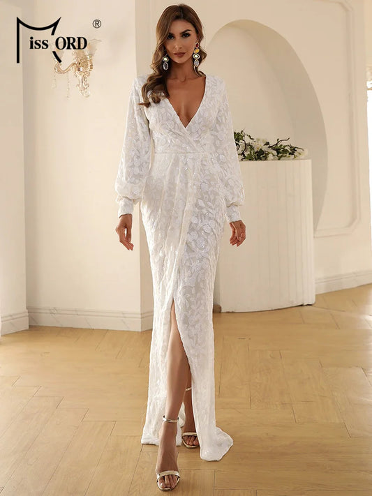 Missord White Long Evening Dresses Women Sexy Deep V Neck Lantern