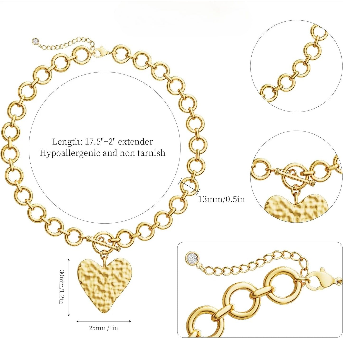 Chunky Heart Necklace for Women Gold Plated Chunky Heart Pendant Bold Chain Necklace with Toggle Clasp Statement Jewelry
