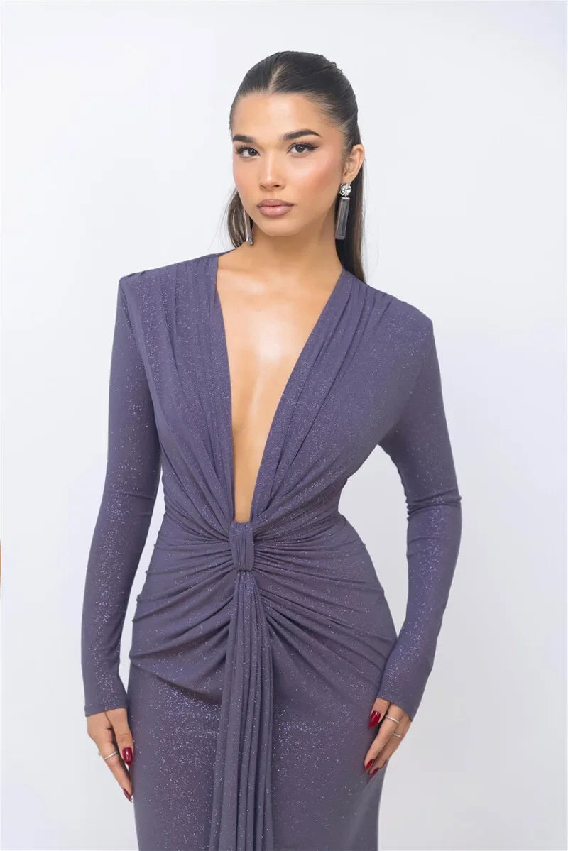 Deep V Neck Sexy Maxi Dress For Women Elegant Sparkle Long Sleeve Ruched Bodycon Split Club Party Sexy Dress