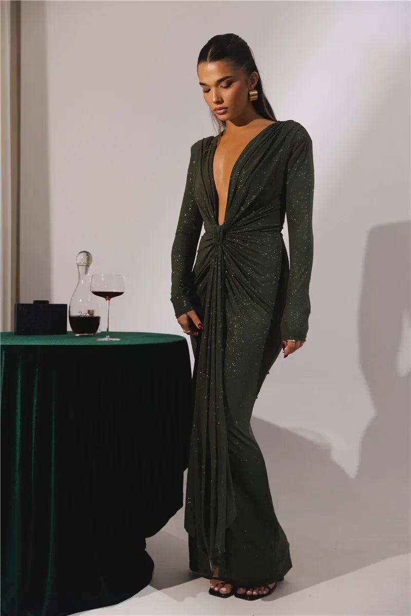Deep V Neck Sexy Maxi Dress For Women Elegant Sparkle Long Sleeve Ruched Bodycon Split Club Party Sexy Dress