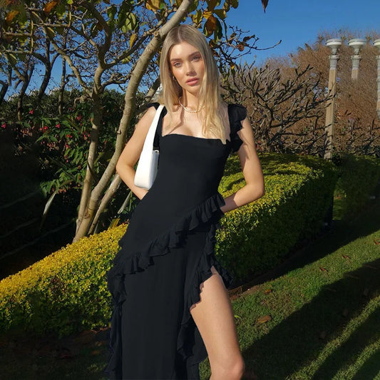 Elegant Ruffle Sleeveless Dress Women's Irregular Tassel 2024 Summer Trend Skinny Split Maxi Bodycon Birthday Party Sexy Dresses