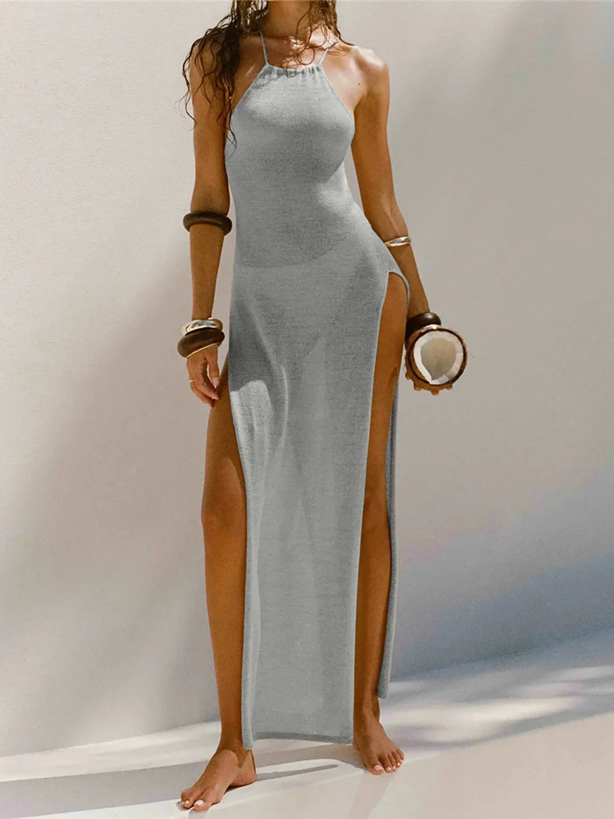 Women Cover Ups Sexy Hollow Out Dresses Spliced Sleeveless Split Maxi Dress Sling Backless Knit Y2k See Through Bodycon