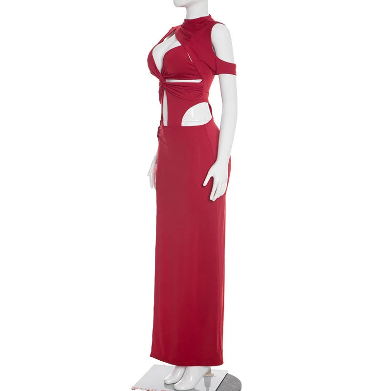 Women Solid Twist Hollow Out Patchwork High Split Bodycon Maxi Dress O Neck Sleeveless Off Shoulder Party Long Robe Evening Gown