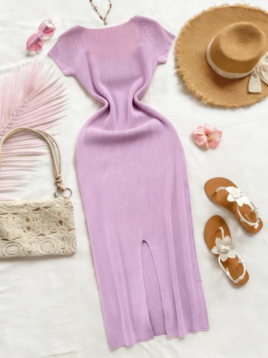 Purple Sexy Summer Knit Maxi Dress Women Short Sleeve  Elastic Bodycon Sundress Female Beach Solid Split Long Dress Outfits