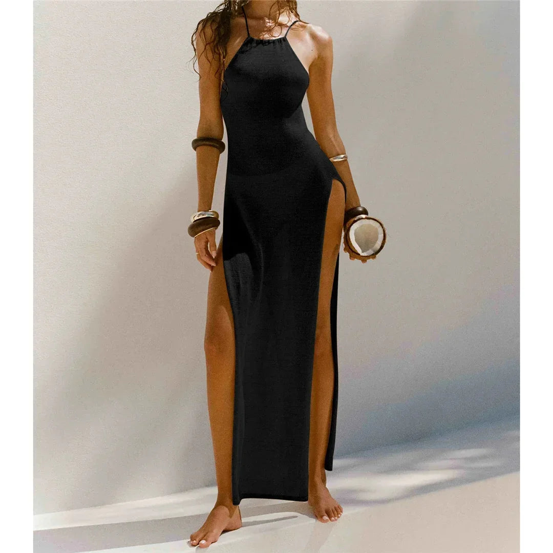 Women Cover Ups Sexy Hollow Out Dresses Spliced Sleeveless Split Maxi Dress Sling Backless Knit Y2k See Through Bodycon