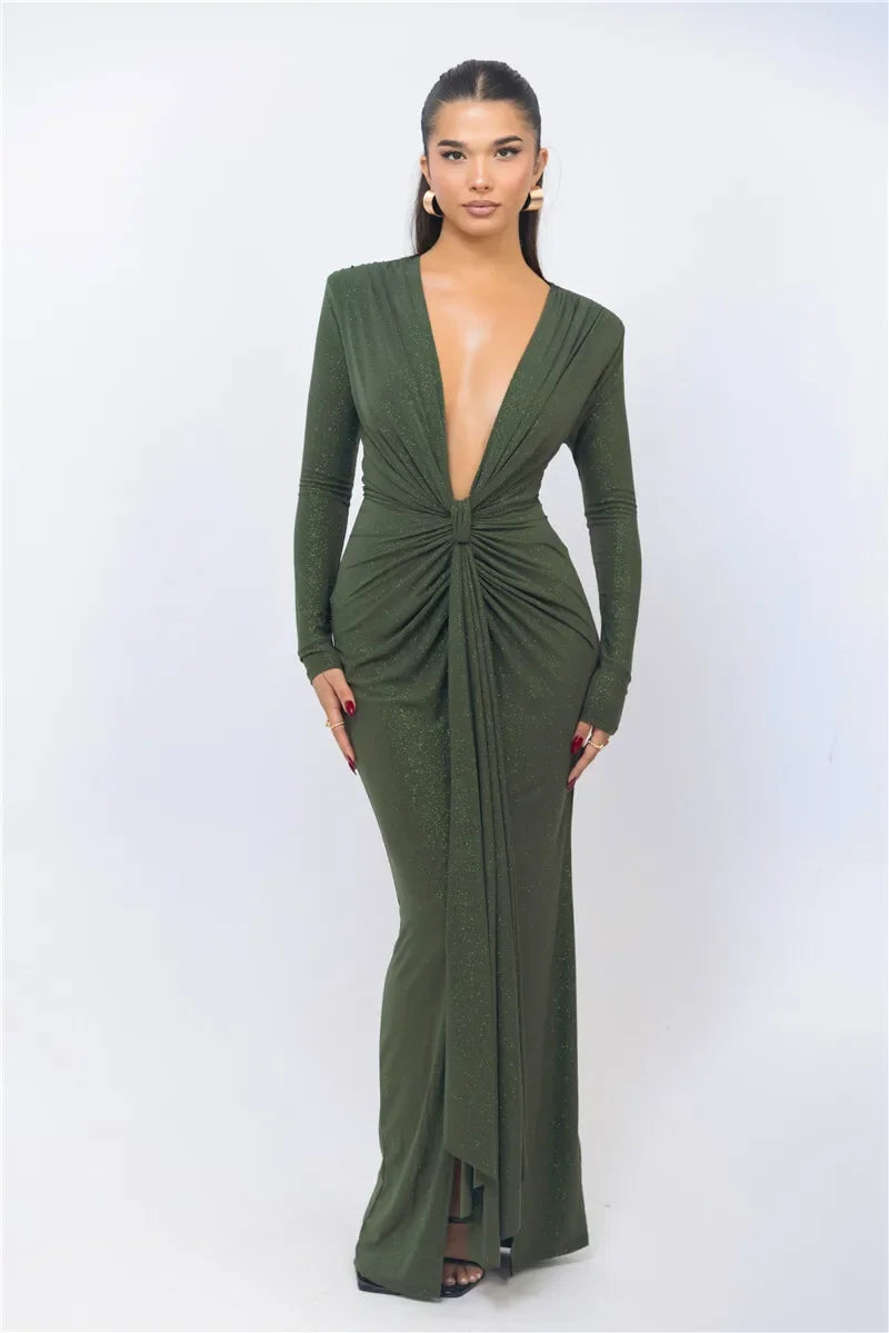 Deep V Neck Sexy Maxi Dress For Women Elegant Sparkle Long Sleeve Ruched Bodycon Split Club Party Sexy Dress