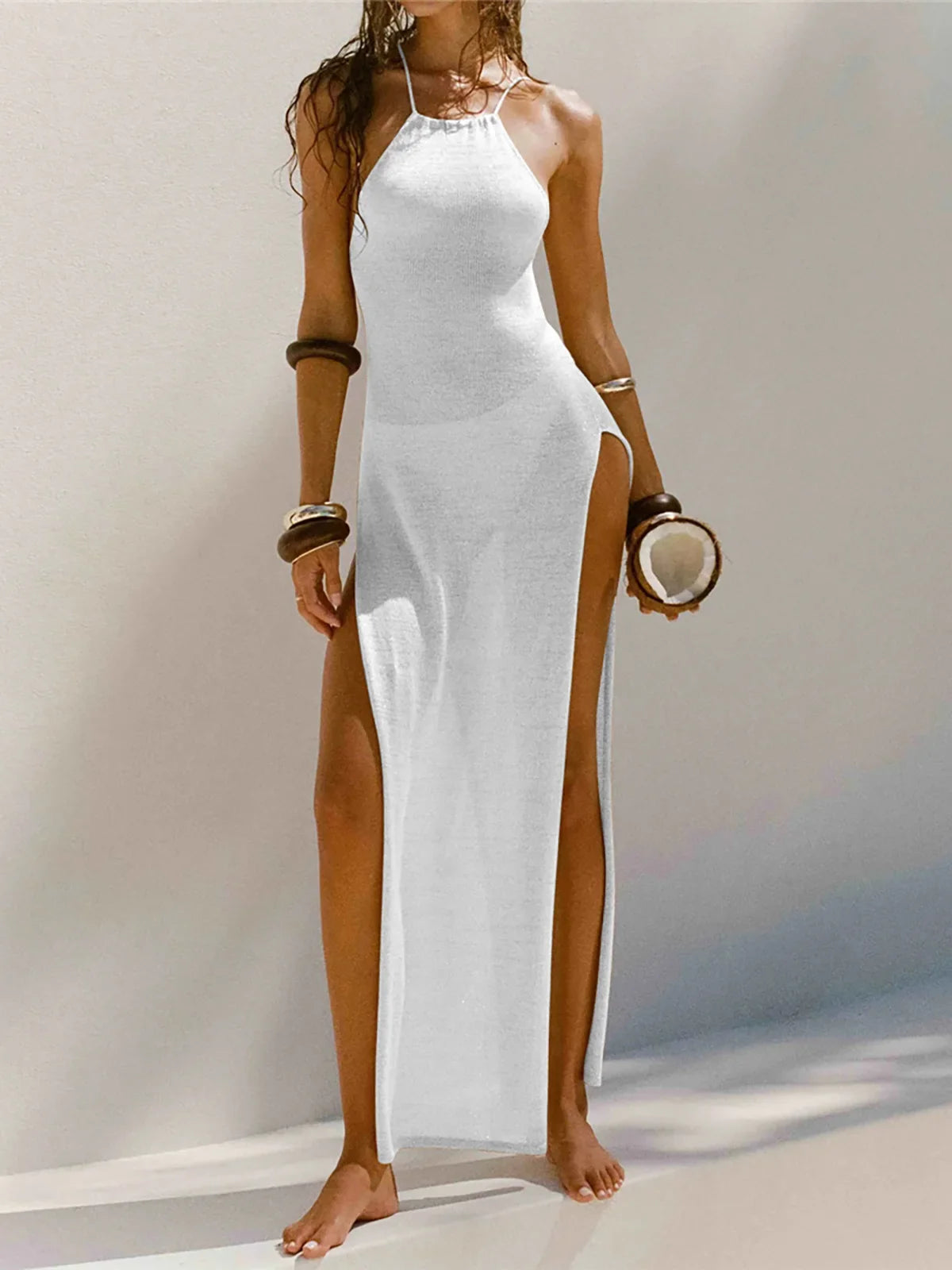 Women Cover Ups Sexy Hollow Out Dresses Spliced Sleeveless Split Maxi Dress Sling Backless Knit Y2k See Through Bodycon