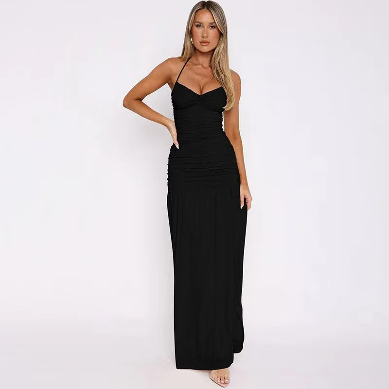 Elegant Solid Spaghetti Strap Maxi Dress For Lady High Split Sleeveless Halter Long Vestido 2025 Summer Party Club Bodycon Gown