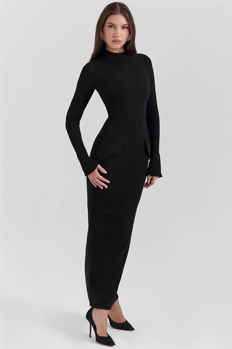 Mozision Black Long Sleeve Sexy Maxi Dress For Women Autumn Winter New O Neck Two Pocket Back Split Bodycon Long Dress Elegant