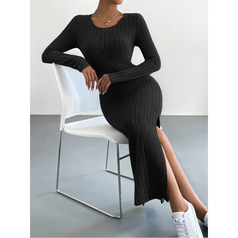 Women's Dresses Autumn French Plain Stripe Split Long Sleeve Scoop Neck Bodycon Full Length Maxi Casual Dresses