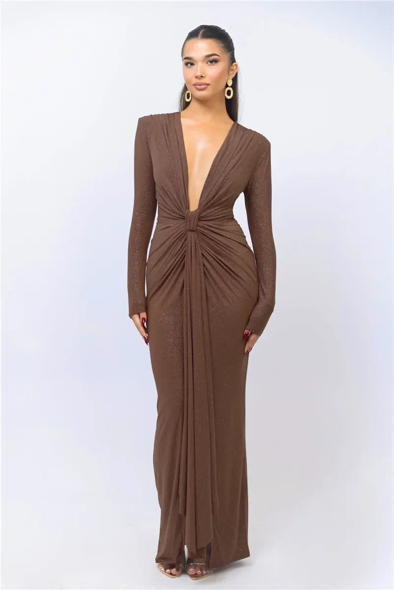 Deep V Neck Sexy Maxi Dress For Women Elegant Sparkle Long Sleeve Ruched Bodycon Split Club Party Sexy Dress