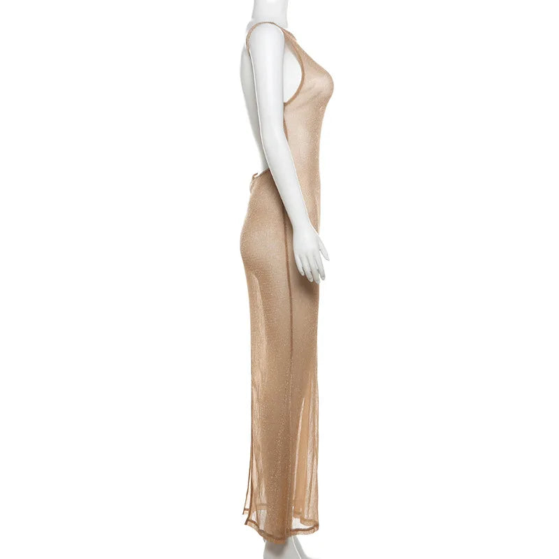 Sexy Deep Open Back Backless Bodycon Hot Gold Color Long Dress Women Side Split Beach Maxi Dress Elegant Club Party Vestidos