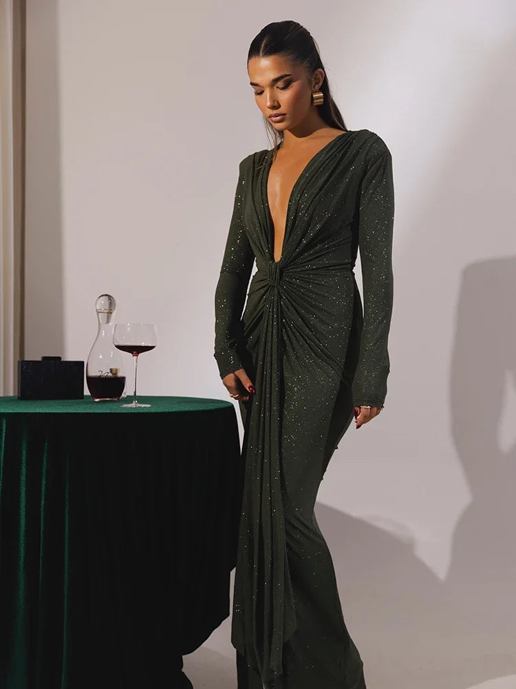 Deep V Neck Sexy Maxi Dress For Women Elegant Sparkle Long Sleeve Ruched Bodycon Split Club Party Sexy Dress