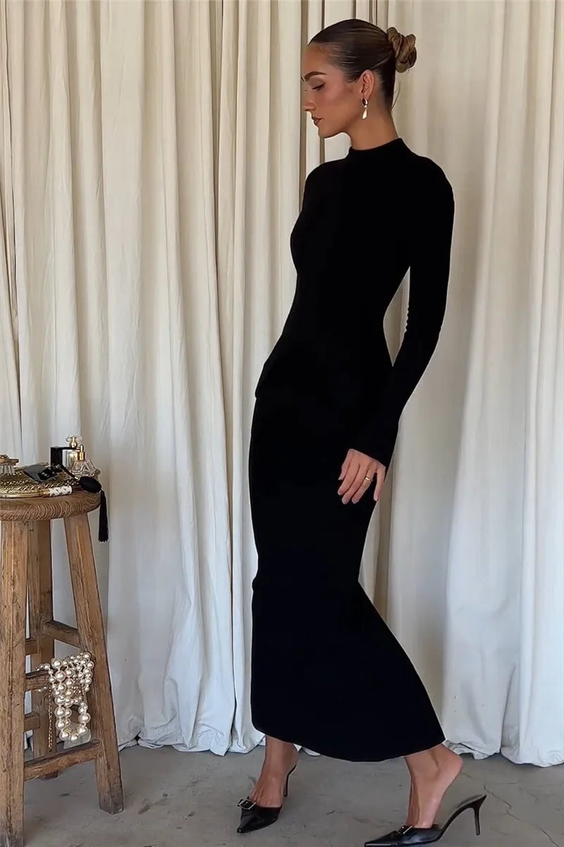 Mozision Black Long Sleeve Sexy Maxi Dress For Women Autumn Winter New O Neck Two Pocket Back Split Bodycon Long Dress Elegant