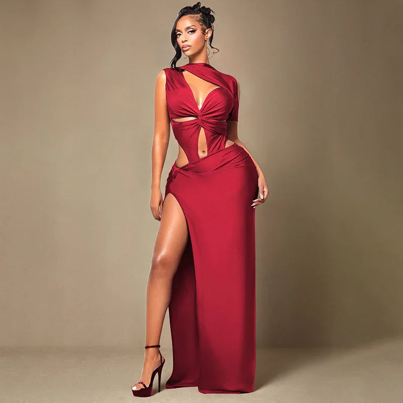 Women Solid Twist Hollow Out Patchwork High Split Bodycon Maxi Dress O Neck Sleeveless Off Shoulder Party Long Robe Evening Gown