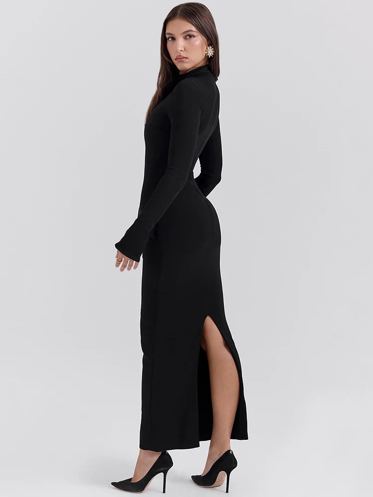Mozision Black Long Sleeve Sexy Maxi Dress For Women Autumn Winter New O Neck Two Pocket Back Split Bodycon Long Dress Elegant