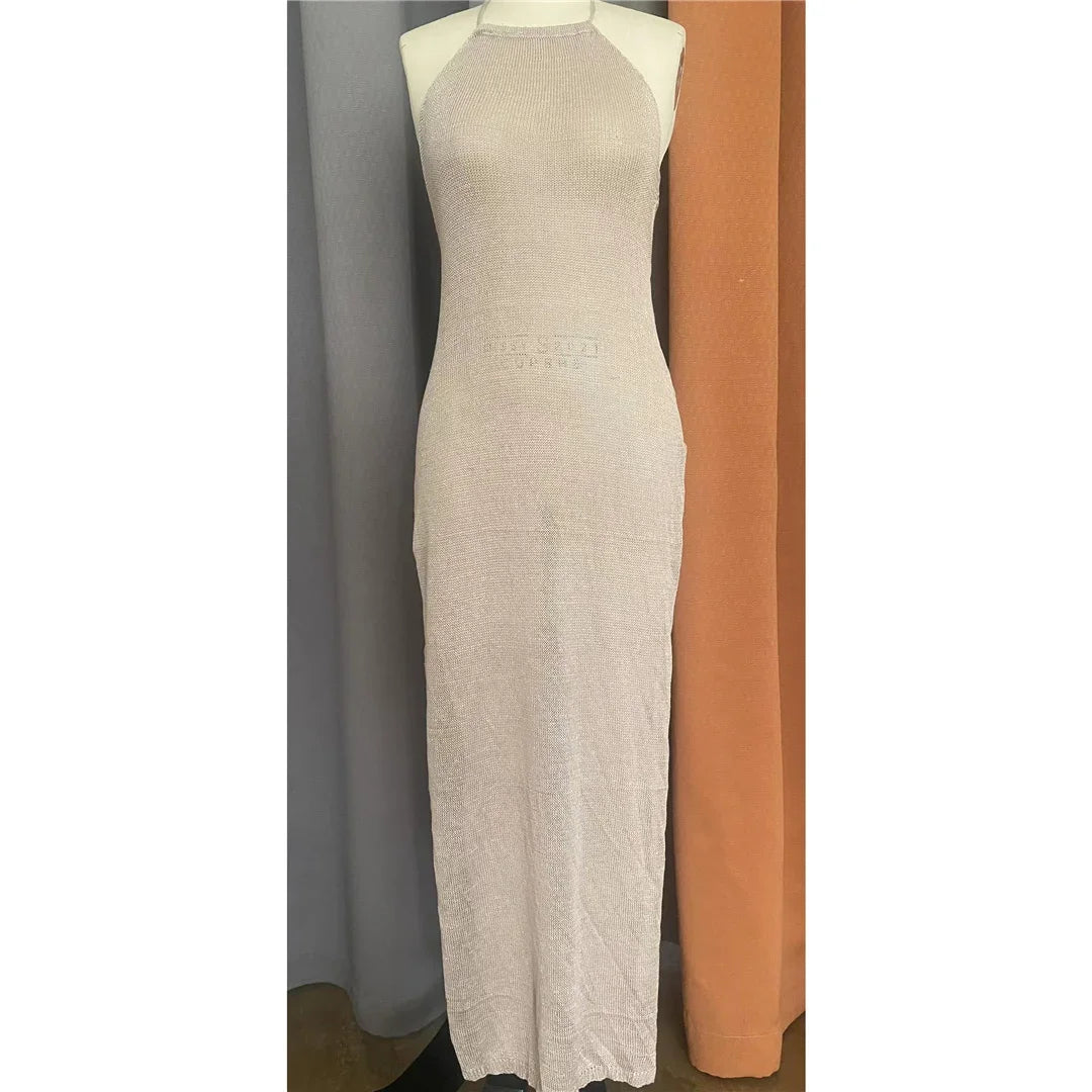Women Cover Ups Sexy Hollow Out Dresses Spliced Sleeveless Split Maxi Dress Sling Backless Knit Y2k See Through Bodycon